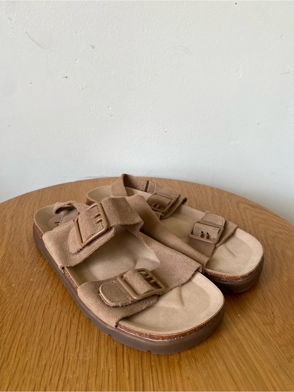 Zara Kids Double-Buckle Suede Sandals in Tan Brown